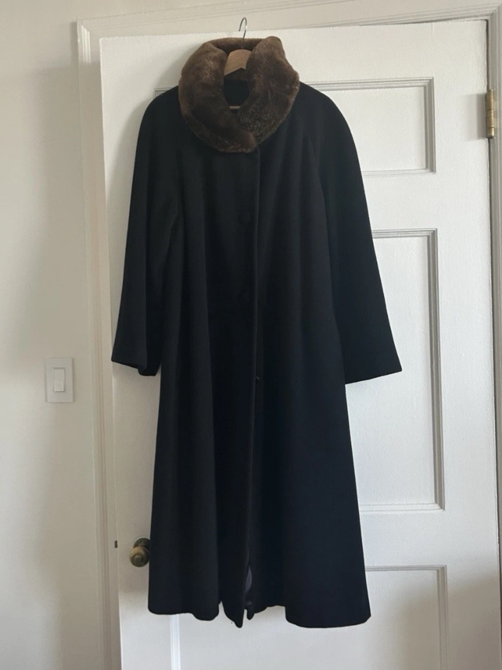 Regency Cashmere Black Trench Coat with Brown Fur Collar